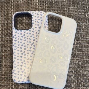 Casely iPhone 16promax White cheetah and Blue heart Phone Case Set